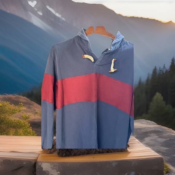 Orvis Men's Duffle Shawl Collar Heavy Rugby Sweatshirt L Large‎ Navy Blue Maroon - Picture 2 of 10